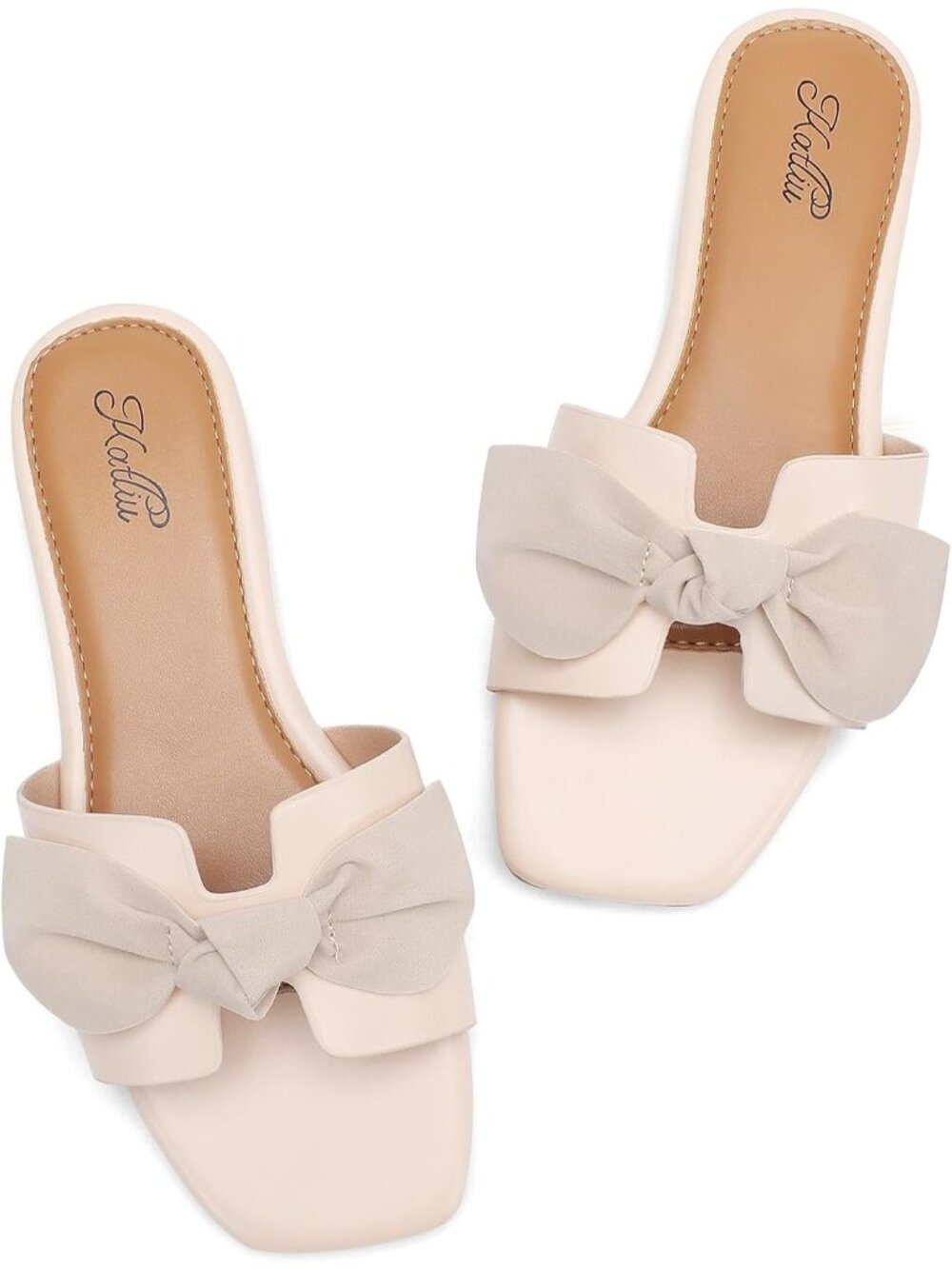 Women's Beige Summer comfort Square Open Toe Bow Bridal Slide Flat Sandals